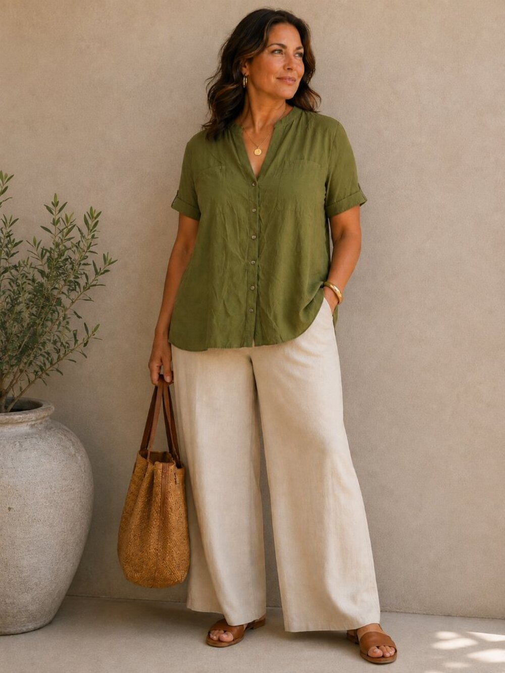 Chico's Olive Green Button Down Blouse Size 4 XXL
